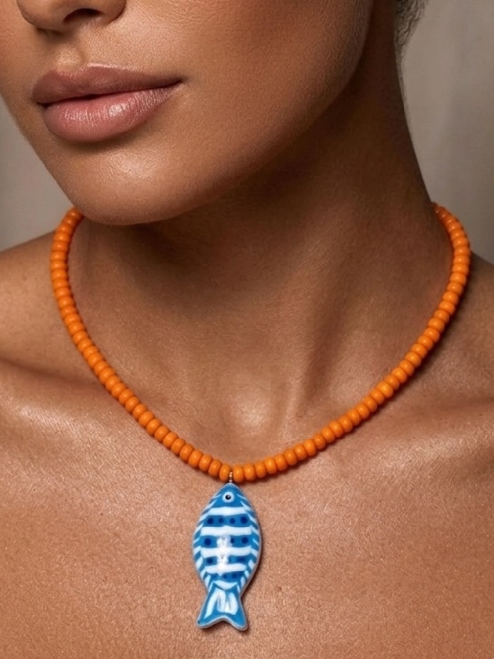 Summer Orange Beaded Necklace with Blue Fish Pendant